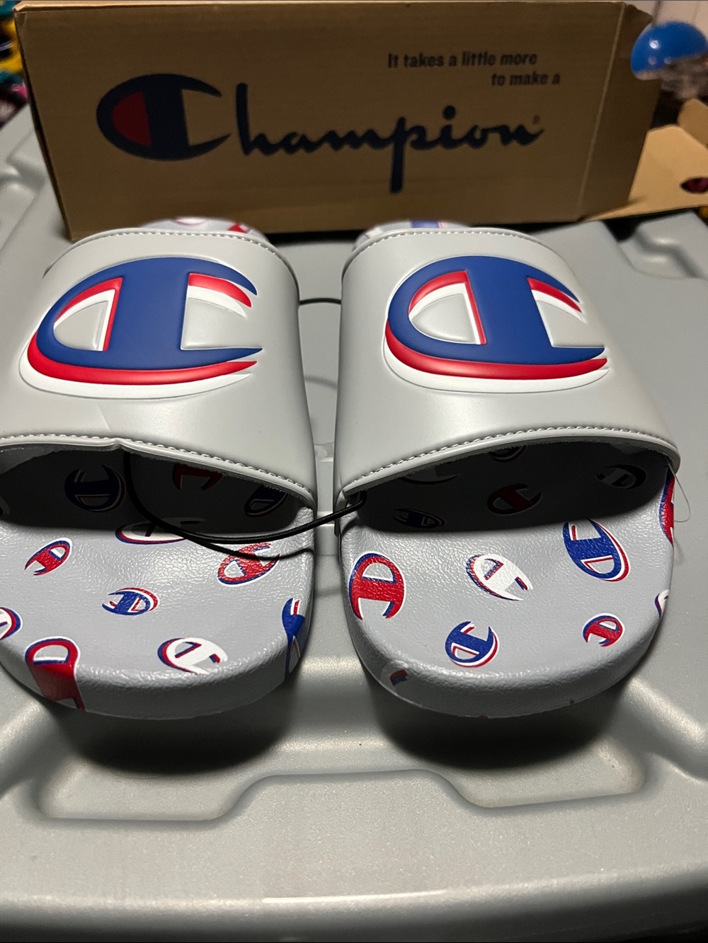 Champion White Slide Sandals with Blue & Red Logo Sz 14